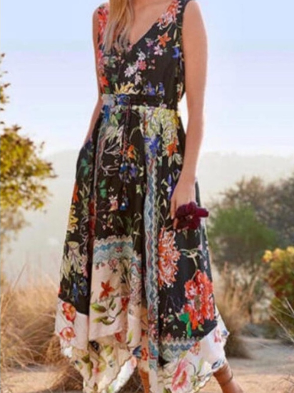 Johnny Was Meru Dress 100% Silk Black Floral Patchwork High-Low Size S